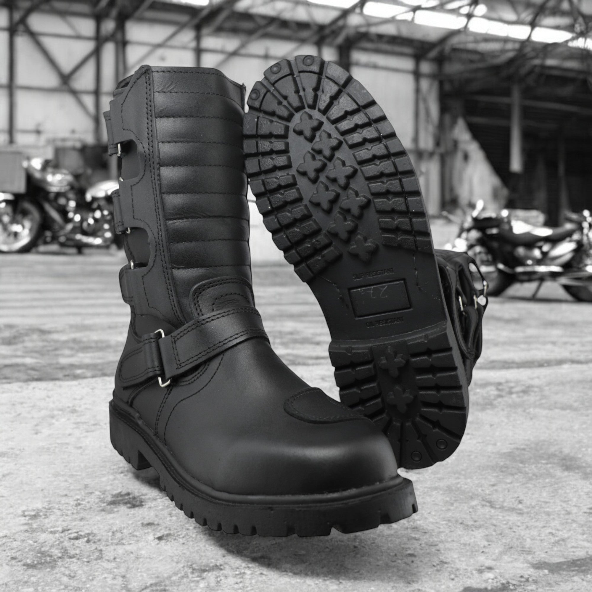 Botas motociclista V-2.0 de piel genuina – ajuste con broches metálicos, suela antiderrapante y estilo biker resistente