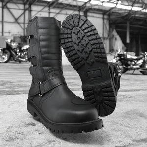 Botas motociclista V-2.0 de piel genuina – ajuste con broches metálicos, suela antiderrapante y estilo biker resistente