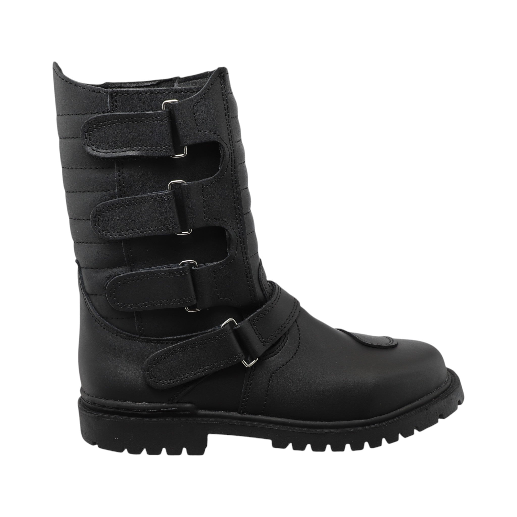 Vista lateral botas motociclista – piel genuina, broches velcro y diseño alto de 26 cm con estilo biker urbano