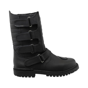 Vista lateral botas motociclista – piel genuina, broches velcro y diseño alto de 26 cm con estilo biker urbano