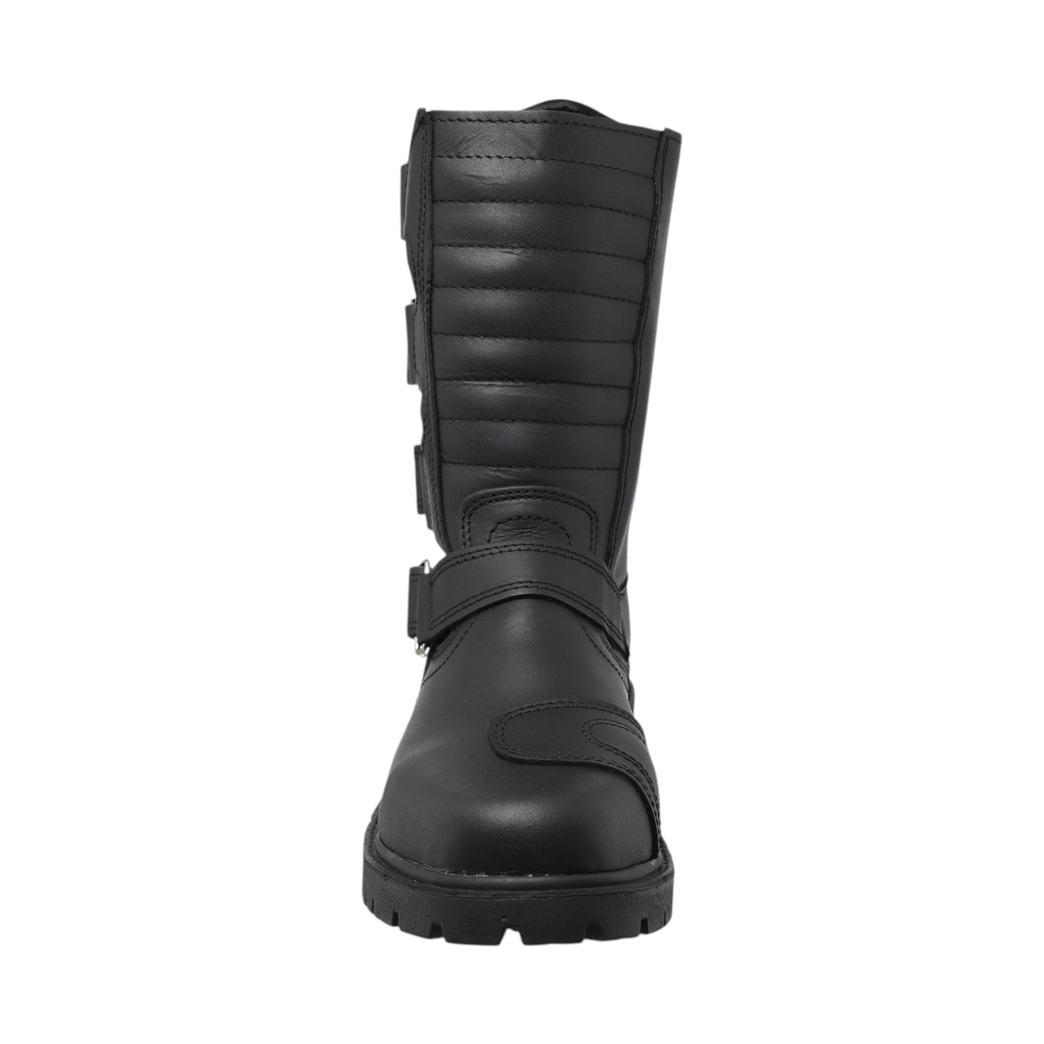 Vista frontal botas biker V-2.0 – estilo motociclista en piel negra, ajuste firme y diseño imponente