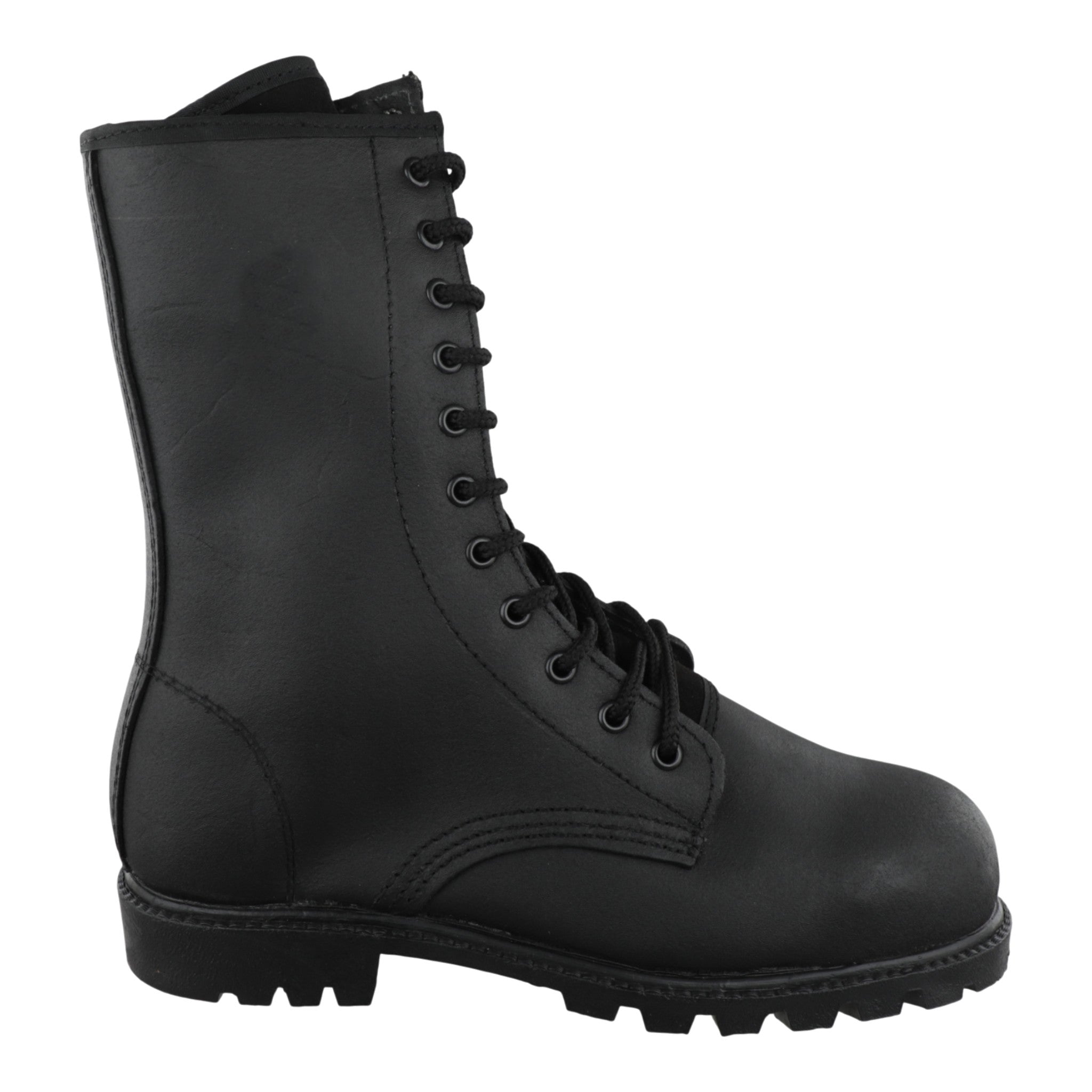 Vista lateral botas tácticas de seguridad piel carnaza negra
