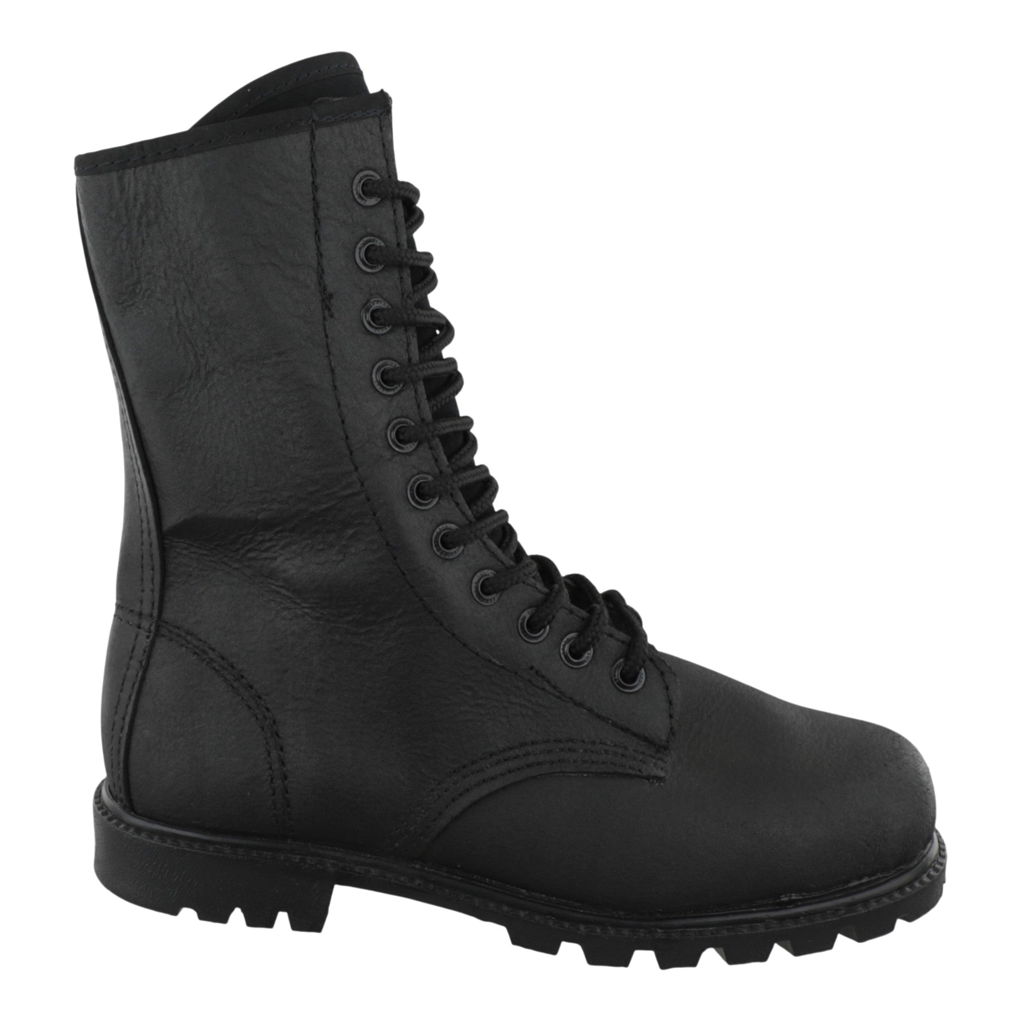 Vista lateral botas tácticas ligeras sin casco piel carnaza negra