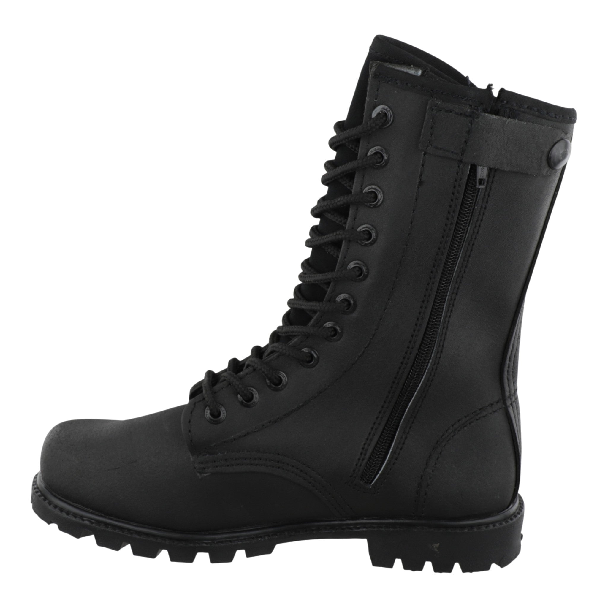 Detalle del cierre lateral botas tácticas negras sin casco