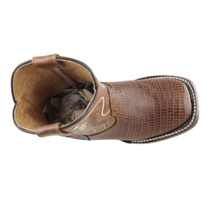 Vista superior de botas western niño miel con diseño artesanal mexicano