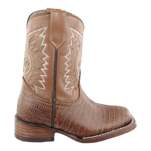 Vista completa de botas de niño estilo vaquero color miel con bordado western