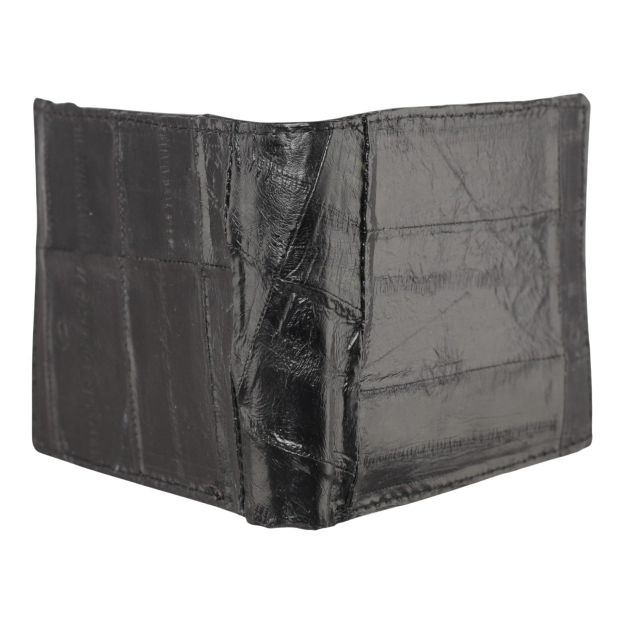 Vista trasera cartera vaquera piel de anguila negra con textura exótica