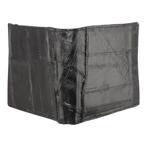 Vista trasera cartera vaquera piel de anguila negra con textura exótica