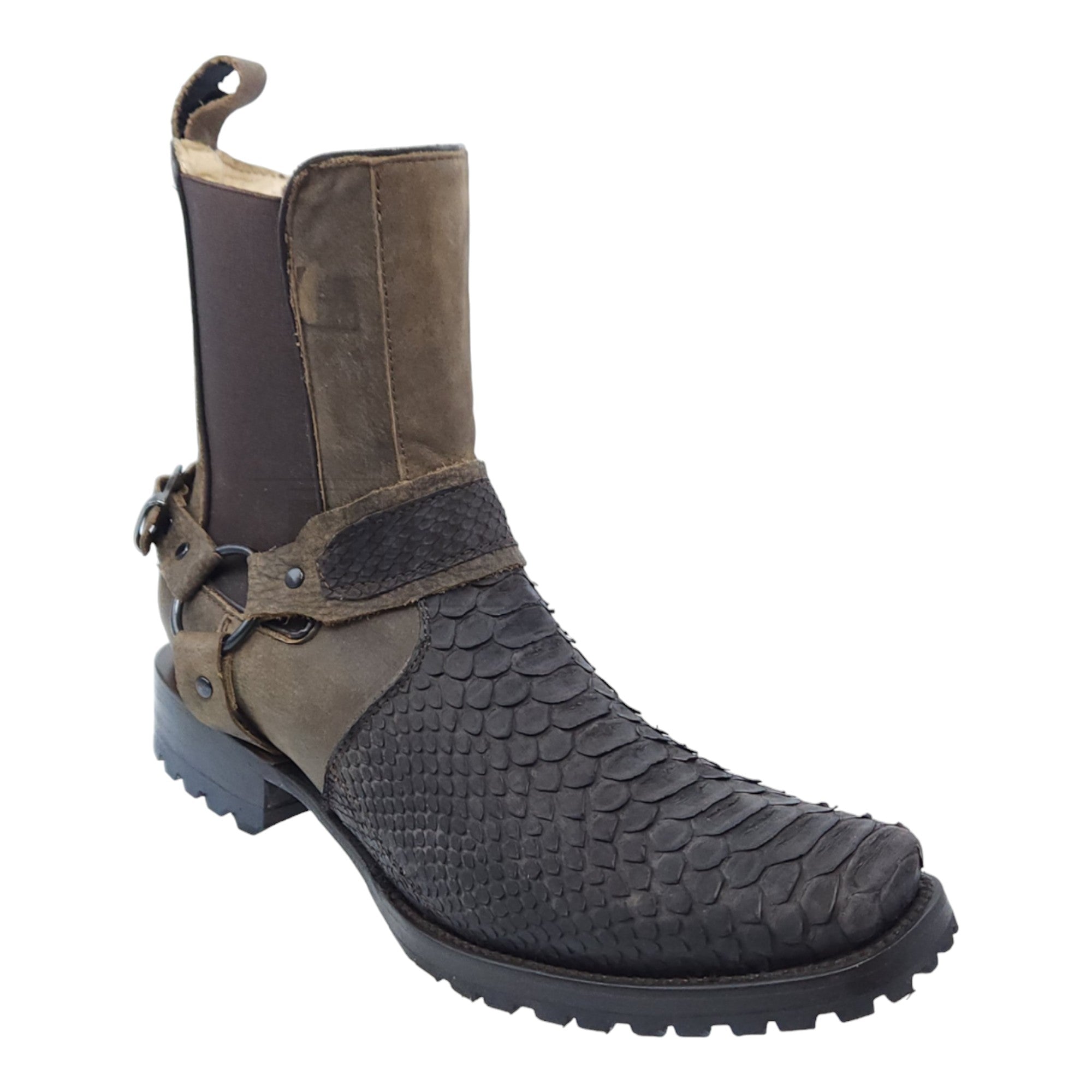 Botín Vaquero Piel Original Pitón con Herrajes Chata Suela Tractor