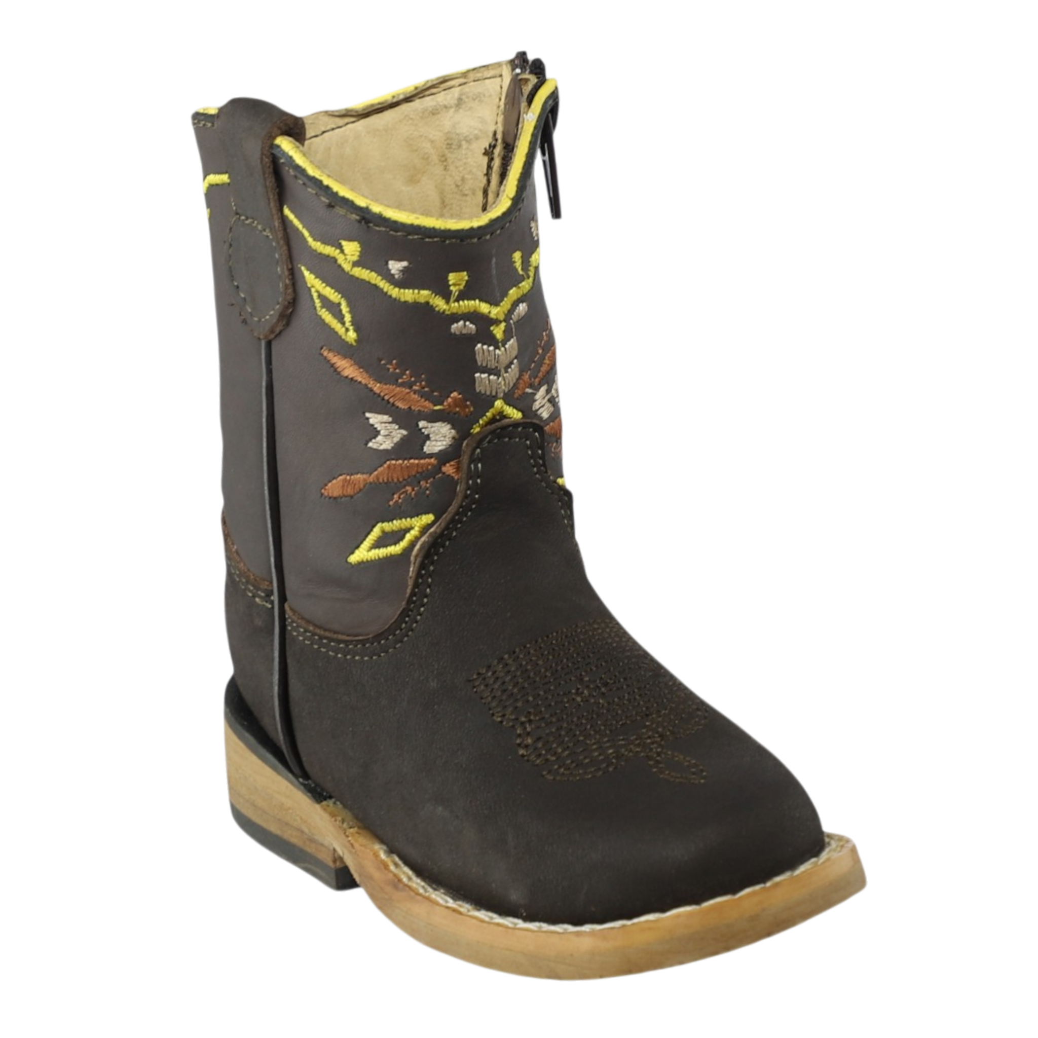 botas para bebé piel café horma chata bordado colorido vista lateral