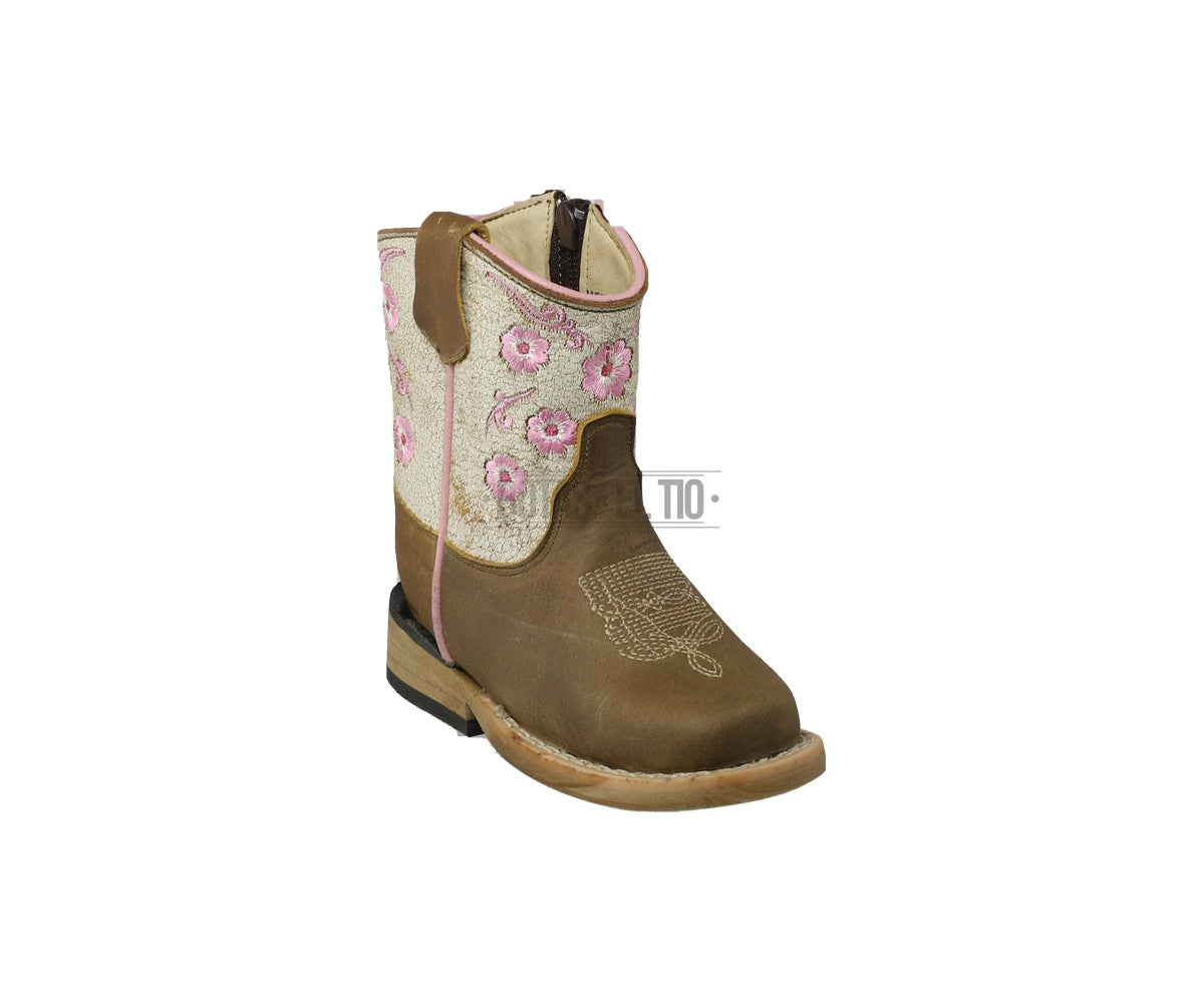 Botas Vaqueras JR Niña Piel Bordadas Chatas Tubo Rustico