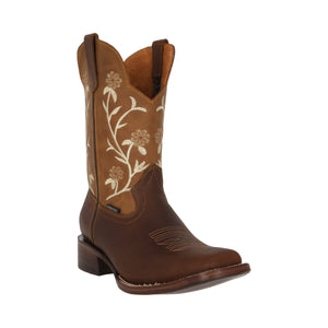 Botas Vaqueras Dama Piel Flores 5050 Chata Suela Vaqueta Miel