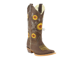Botas Vaqueras Dama Piel Bordado Girasoles Chata Vaqueta