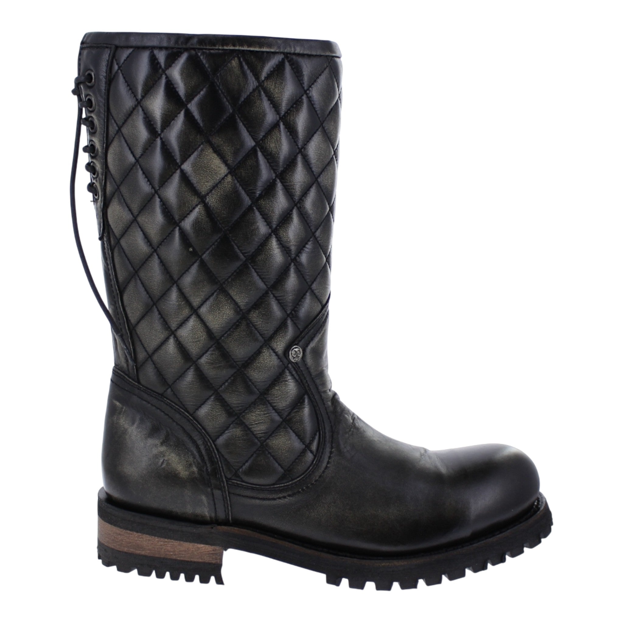 Botas Liberty motociclista Bola Cuadro vista lateral en piel con casco de acero