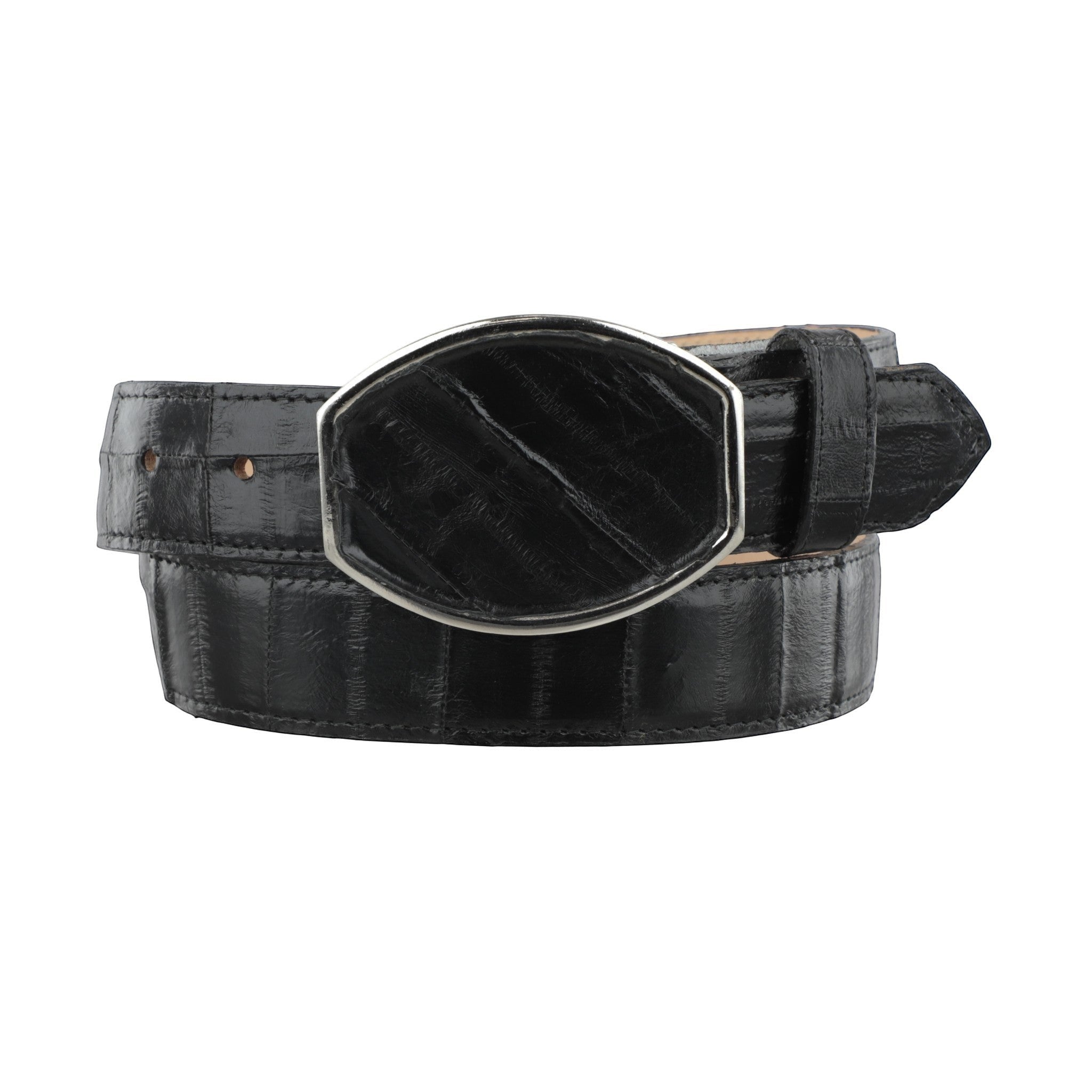 Bota el tio black eel skin belt with diamond pattern and silver buckle.