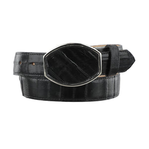 Bota el tio black eel skin belt with diamond pattern and silver buckle.