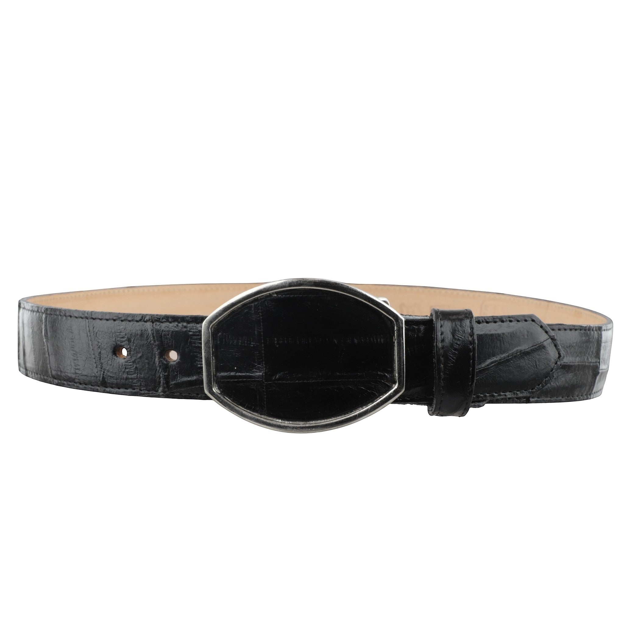 Bota el tio black eel skin belt with diamond pattern and silver buckle. Exotic western style.