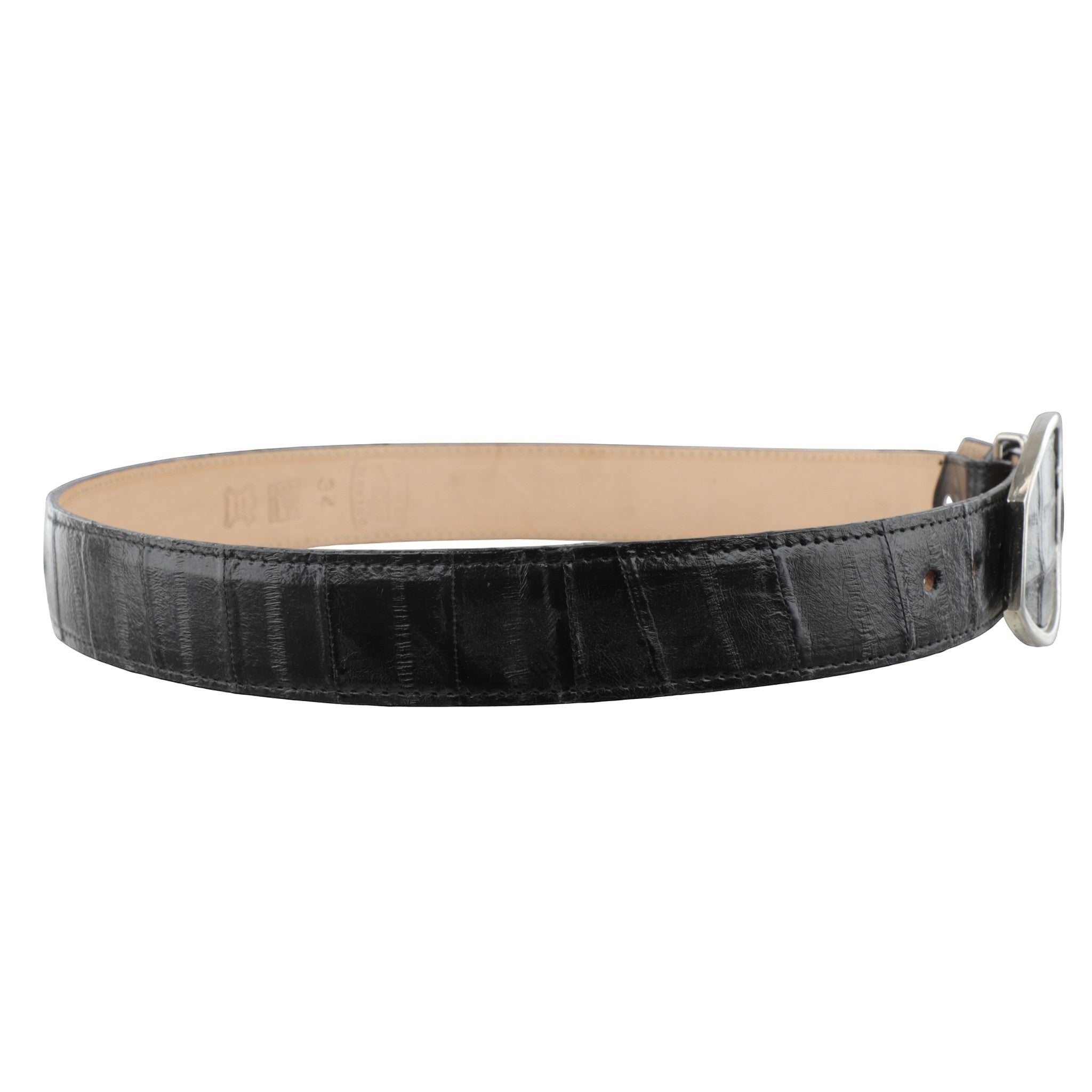 Bota el tio black eel skin belt with diamond pattern and silver buckle. Exotic leather, western style.