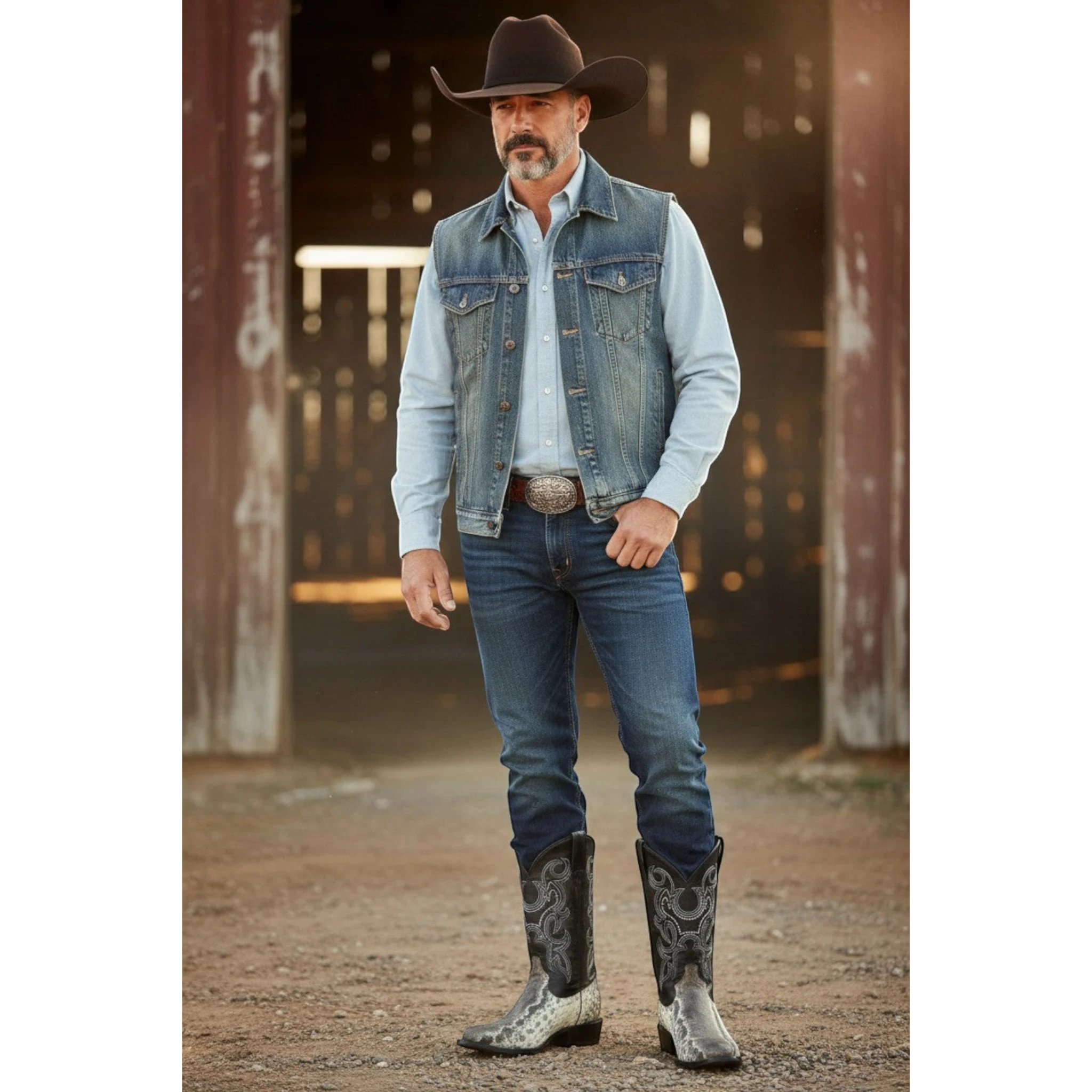 Bota el tio black leather cowboy boot with oval toe and grey carunga exotic skin foot. Features artisanal embroidery.