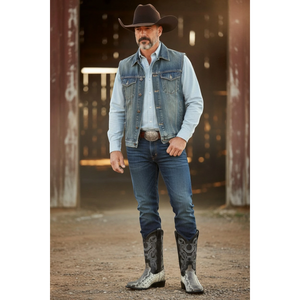 Bota el tio black leather cowboy boot with oval toe and grey carunga exotic skin foot. Features artisanal embroidery.