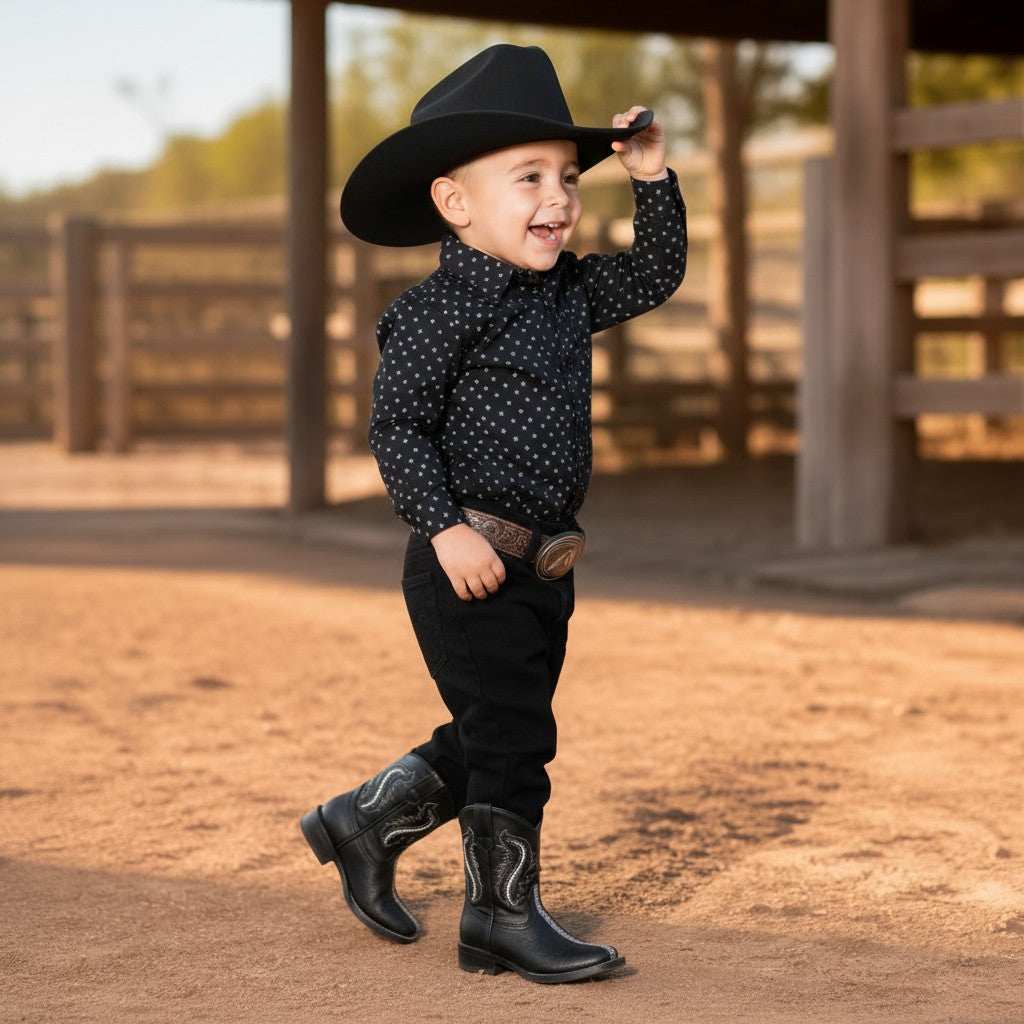 Niño usando botas imitación mantarraya horma bulldog en ambiente vaquero