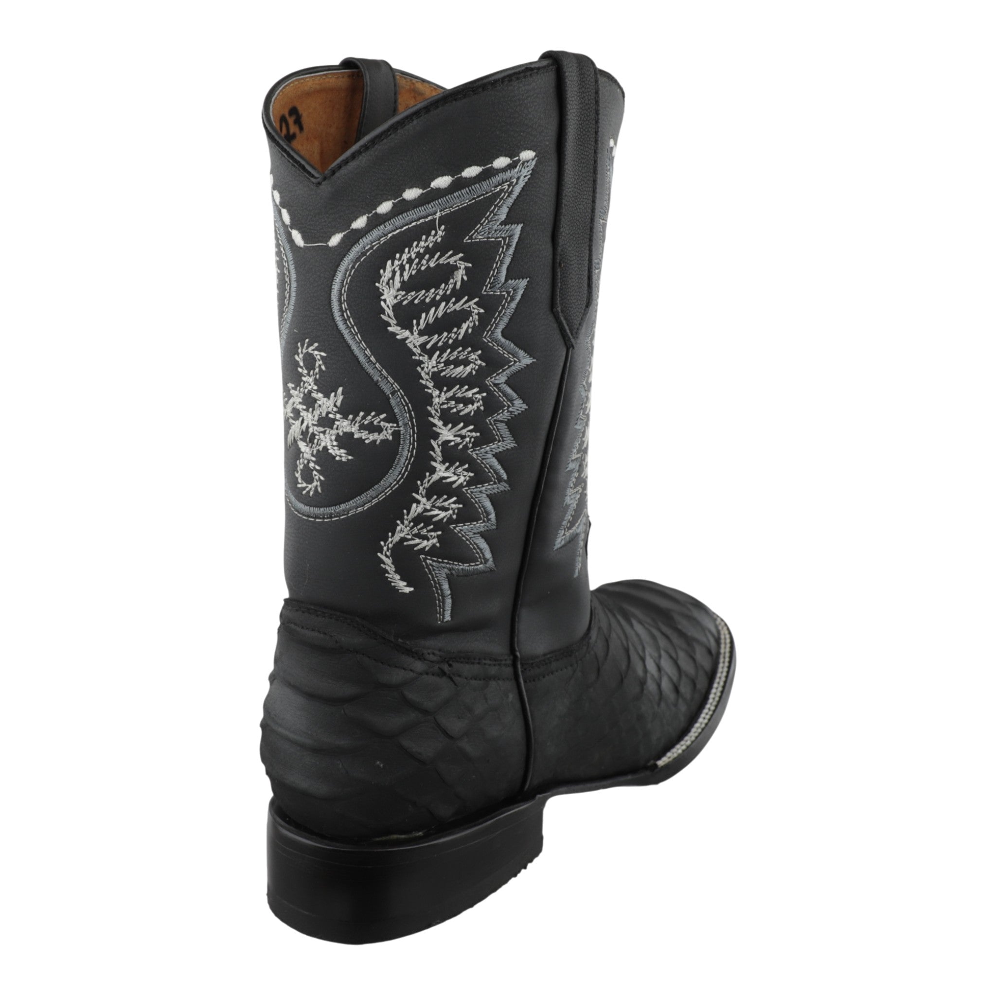 Vista del tacón y suela vaqueta botas bulldog de imitación pitón