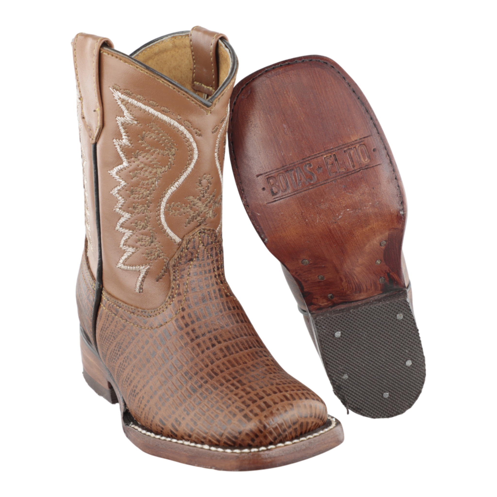 Botas western de niño tono miel con bordado decorativo en el tubo