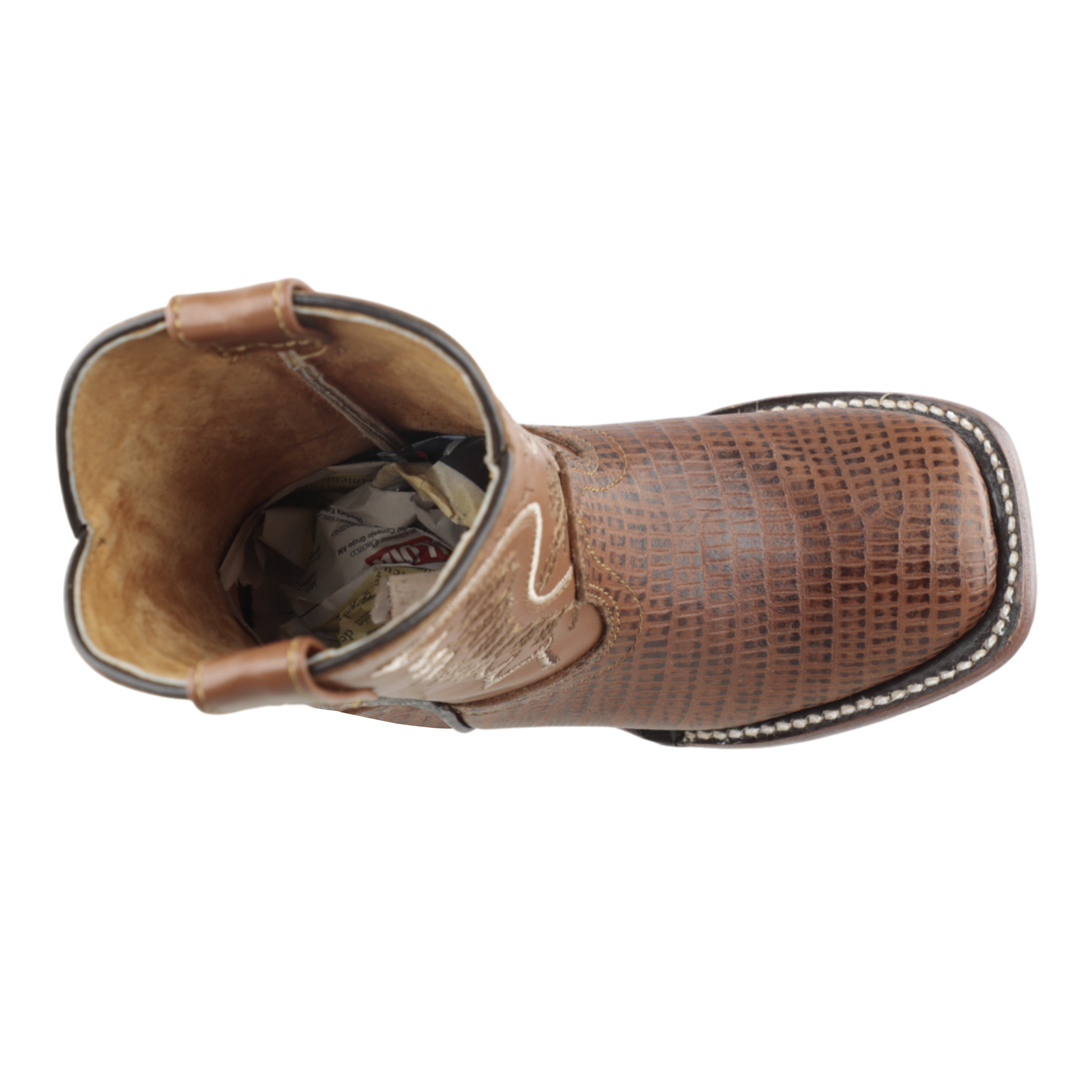 Vista superior de botas western niño miel con diseño artesanal mexicano