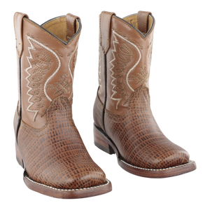 Bota vaquera infantil color miel con acabado imitación armadillo vista frontal