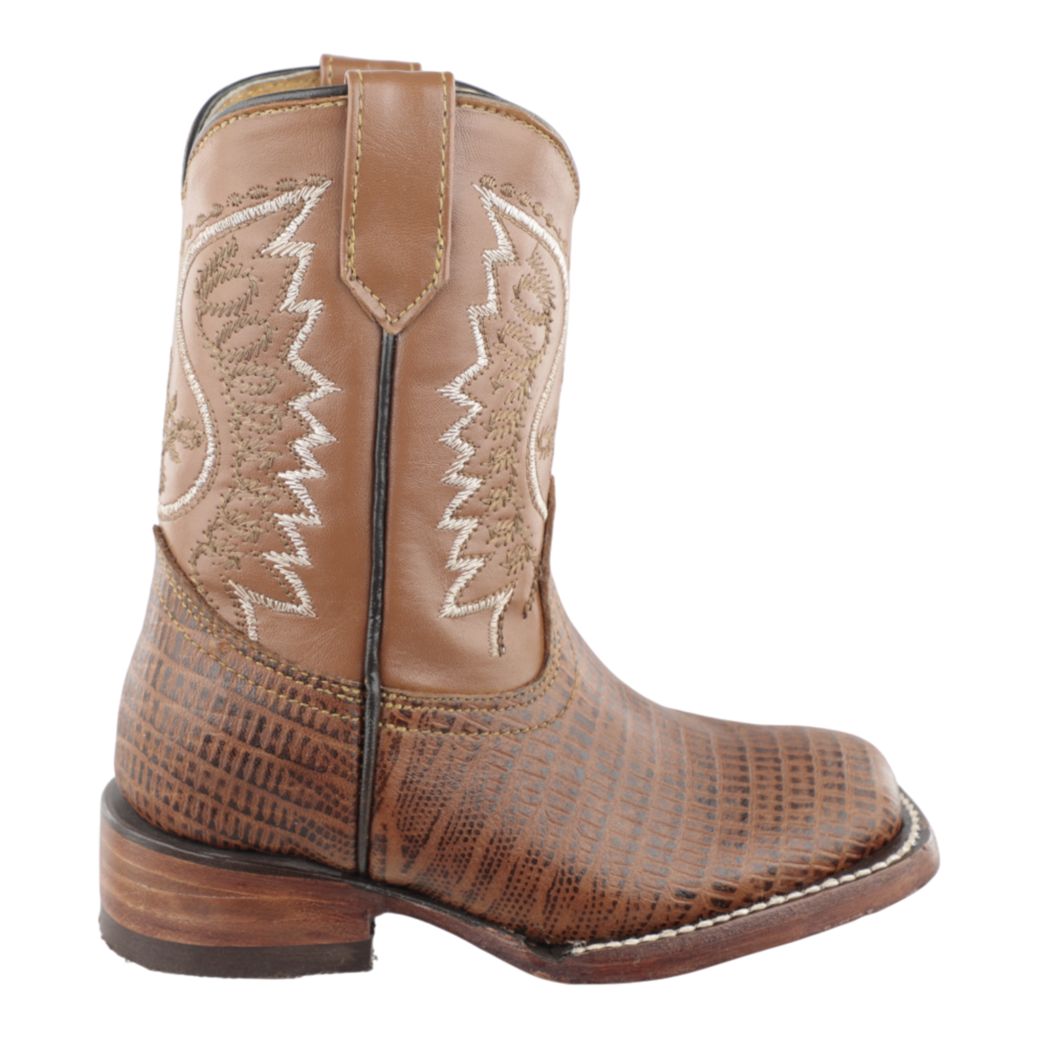 Vista completa de botas de niño estilo vaquero color miel con bordado western
