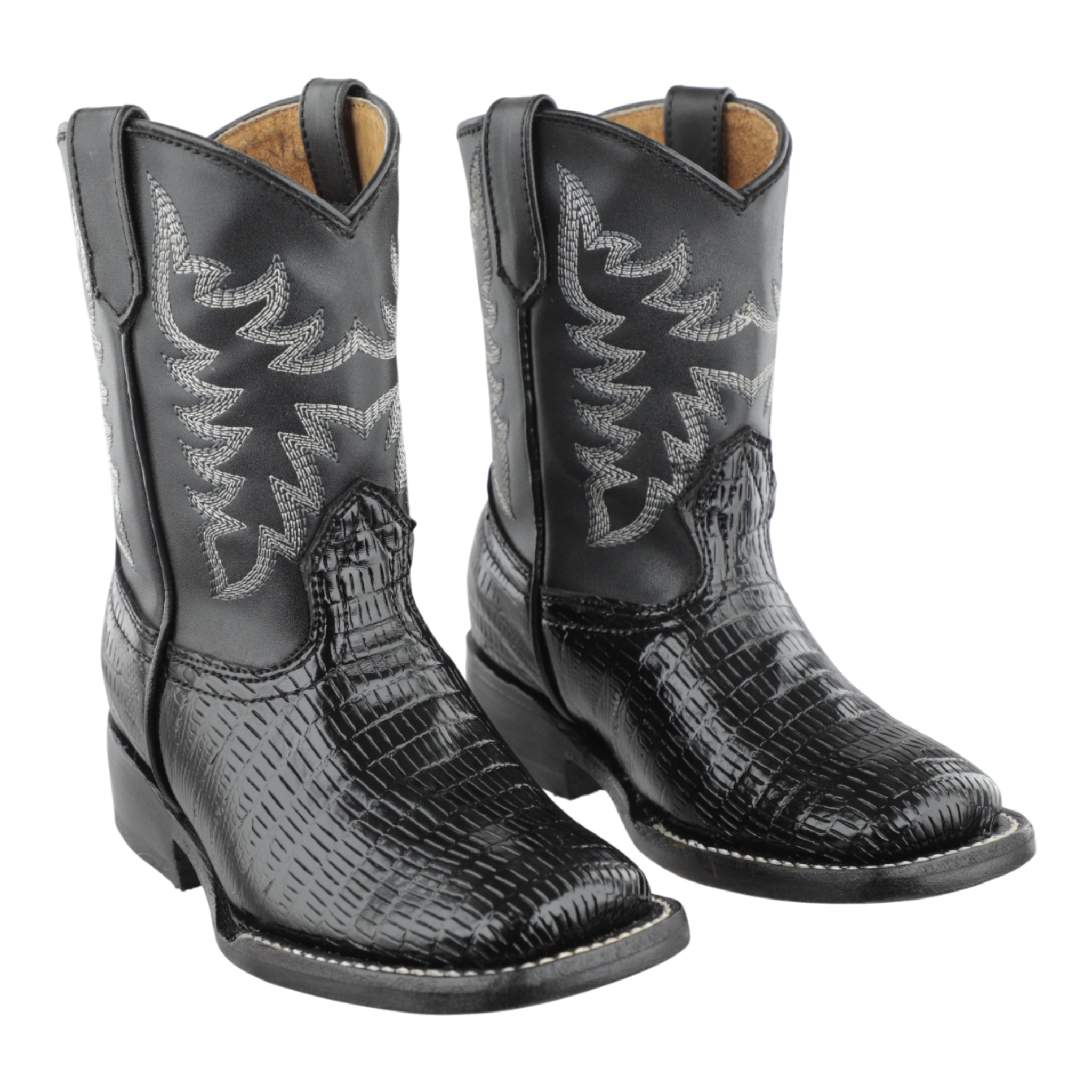 Bota vaquera infantil color negro con diseño imitación armadillo vista frontal
