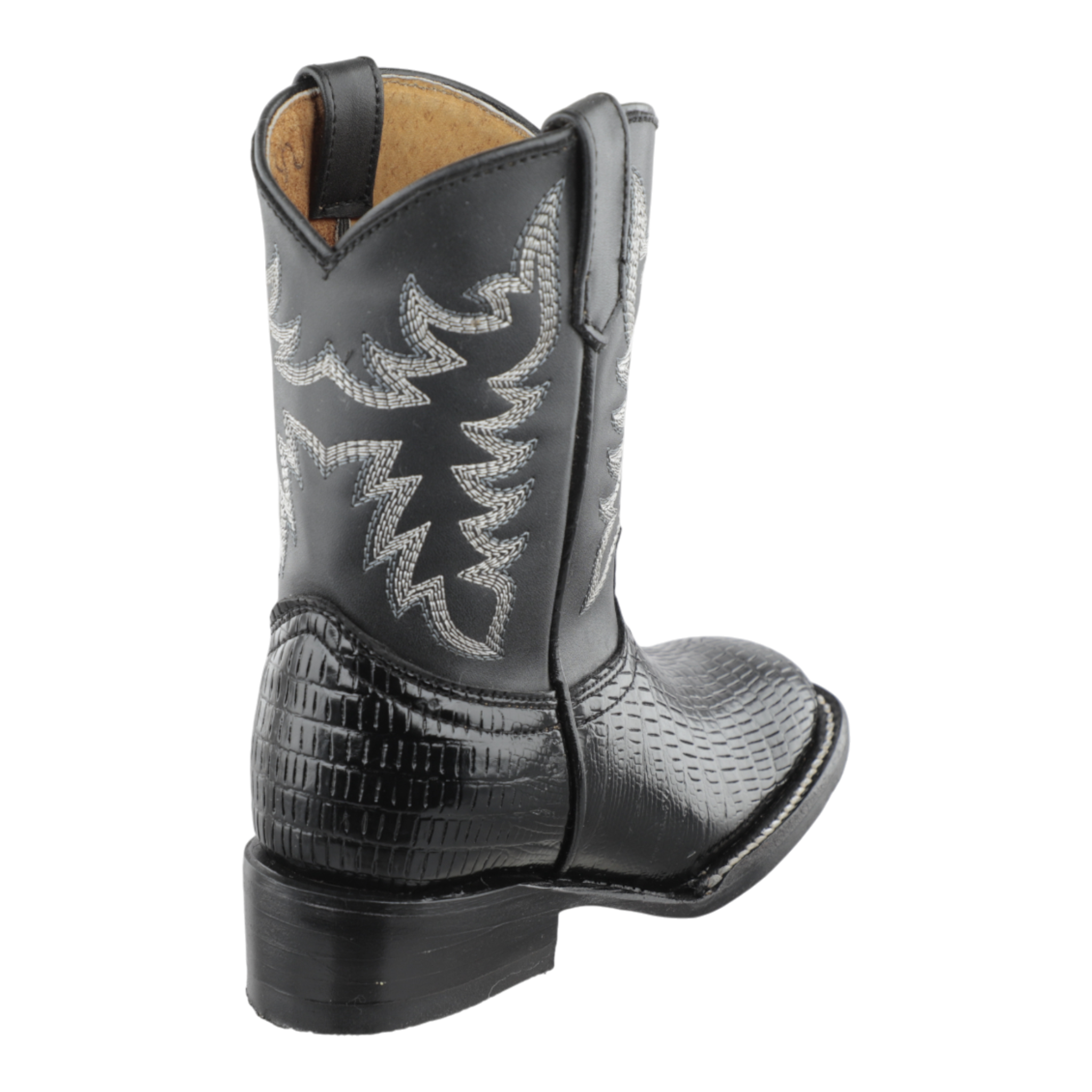 Vista cercana del talón botas vaqueras niño color negro