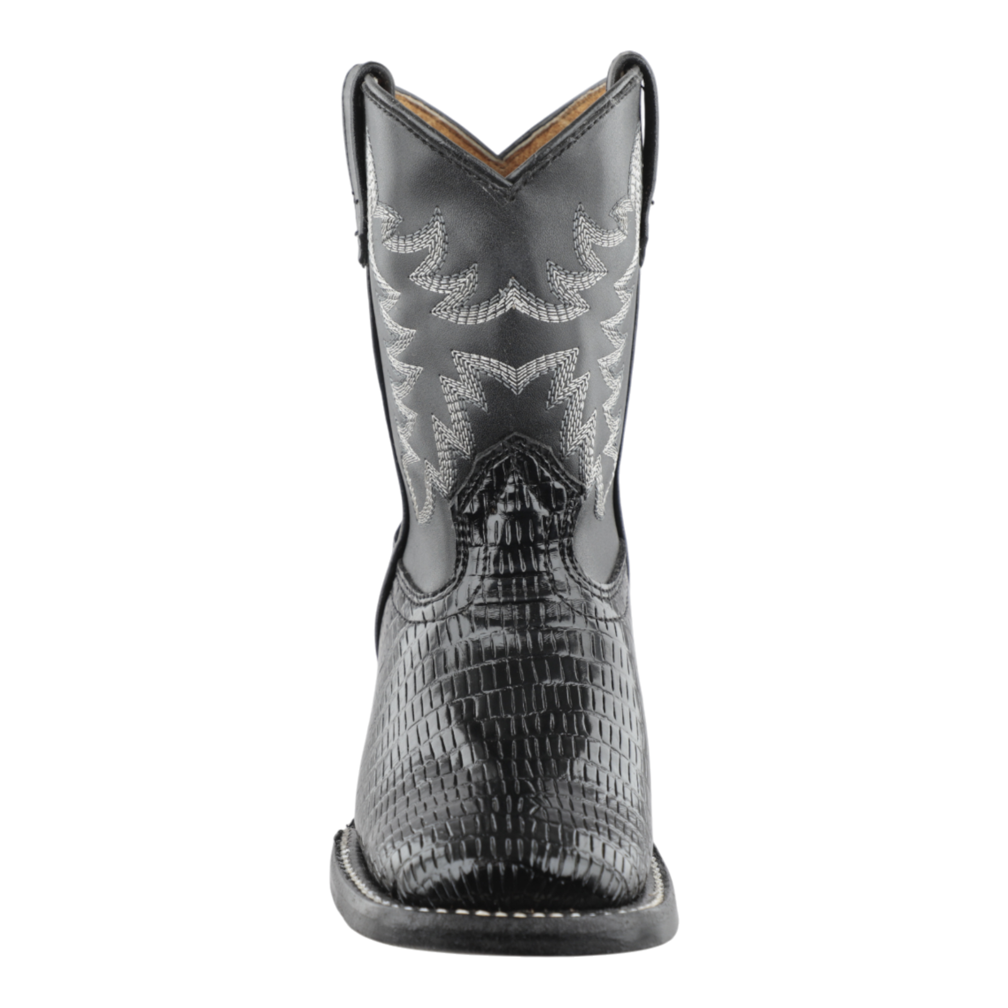 Vista completa botas de niño color negro con textura imitación armadillo y bordado