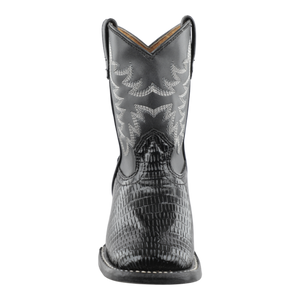 Vista completa botas de niño color negro con textura imitación armadillo y bordado