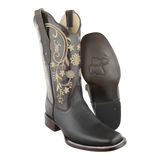 Botas vaqueras de mujer piel graso con bordado floral en el tubo