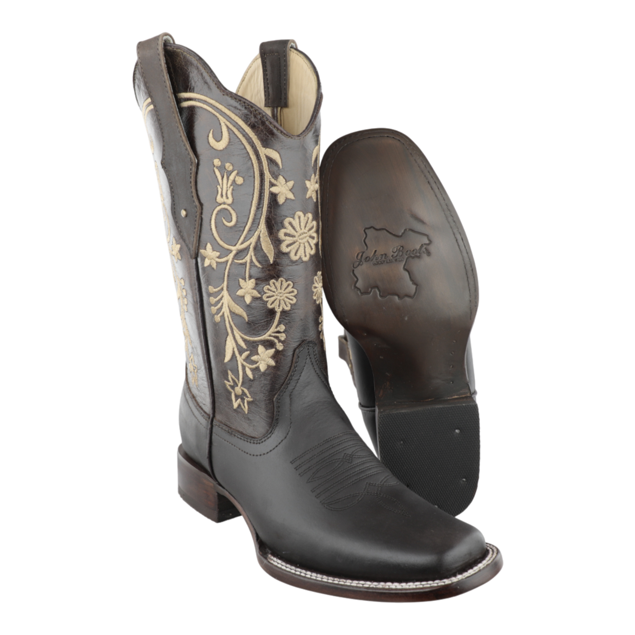 Botas vaqueras de mujer piel graso con bordado floral en el tubo