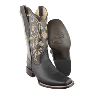 Botas vaqueras de mujer piel graso con bordado floral en el tubo