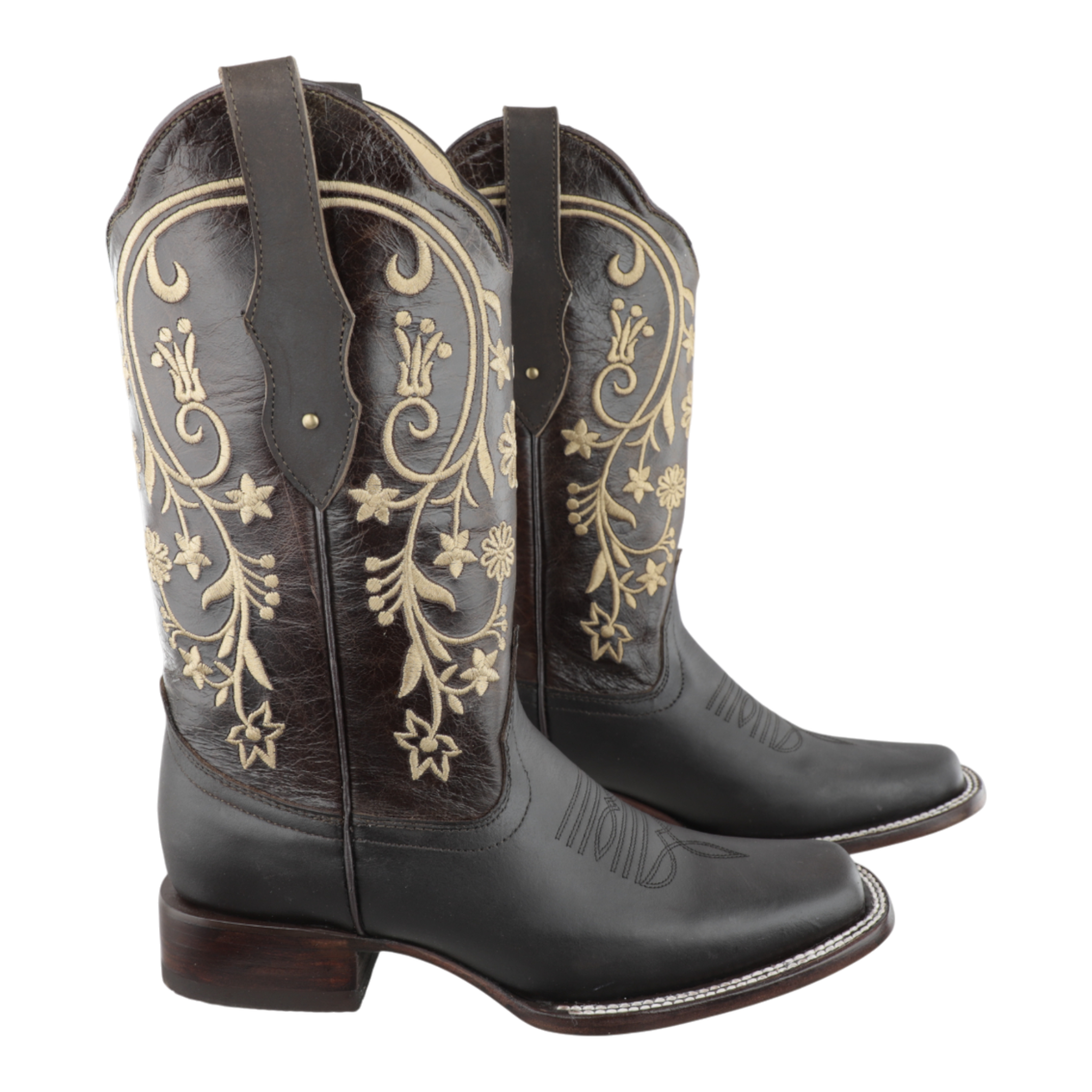 Detalle del bordado floral en el tubo botas western de dama