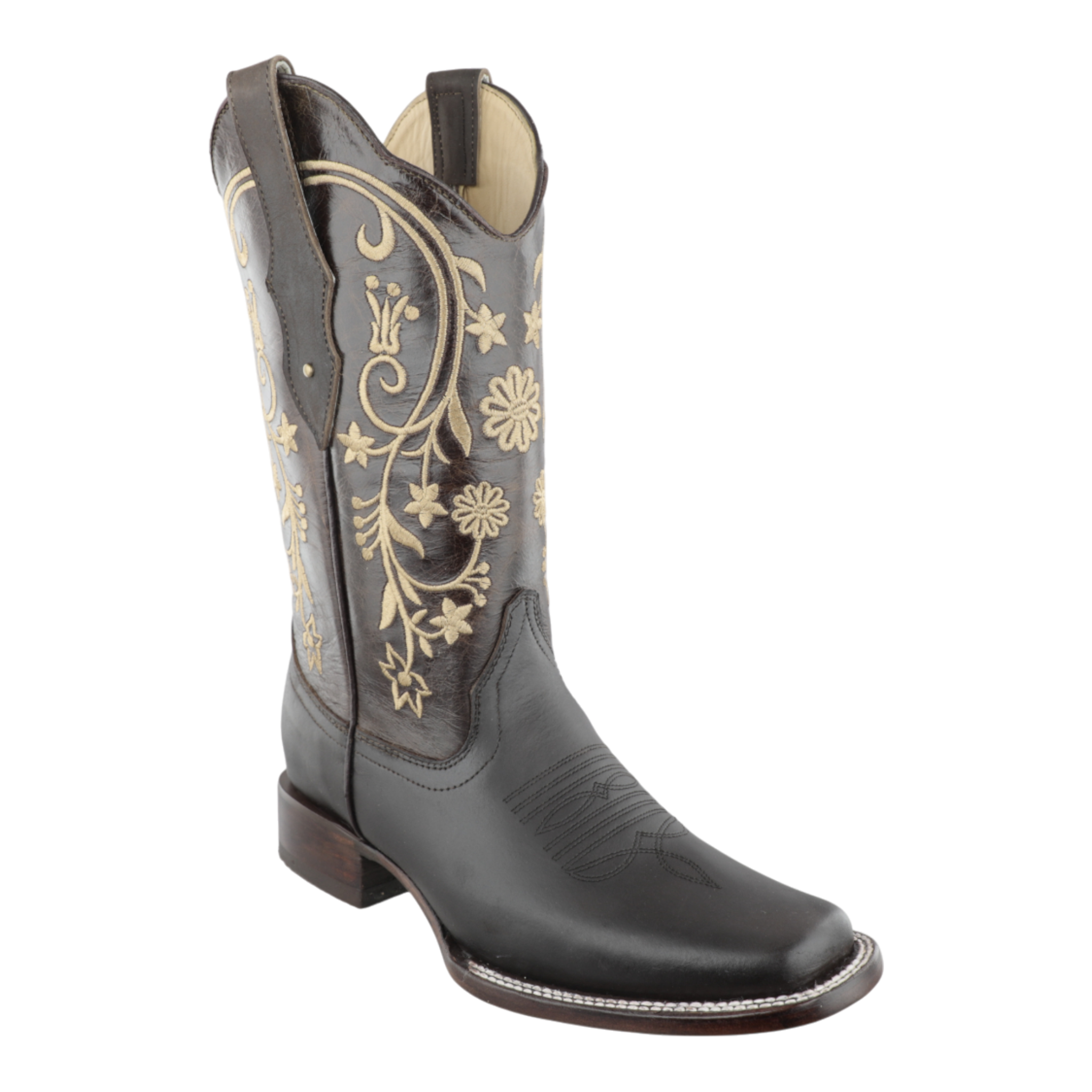 Detalle del tubo bordado en botas de mujer estilo rodeo