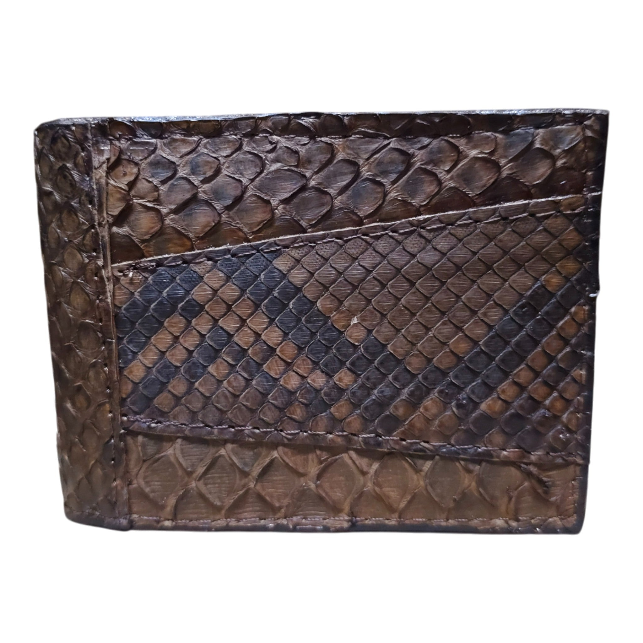 Cartera vaquera de piel de pitón original color café con textura exótica y acabado artesanal