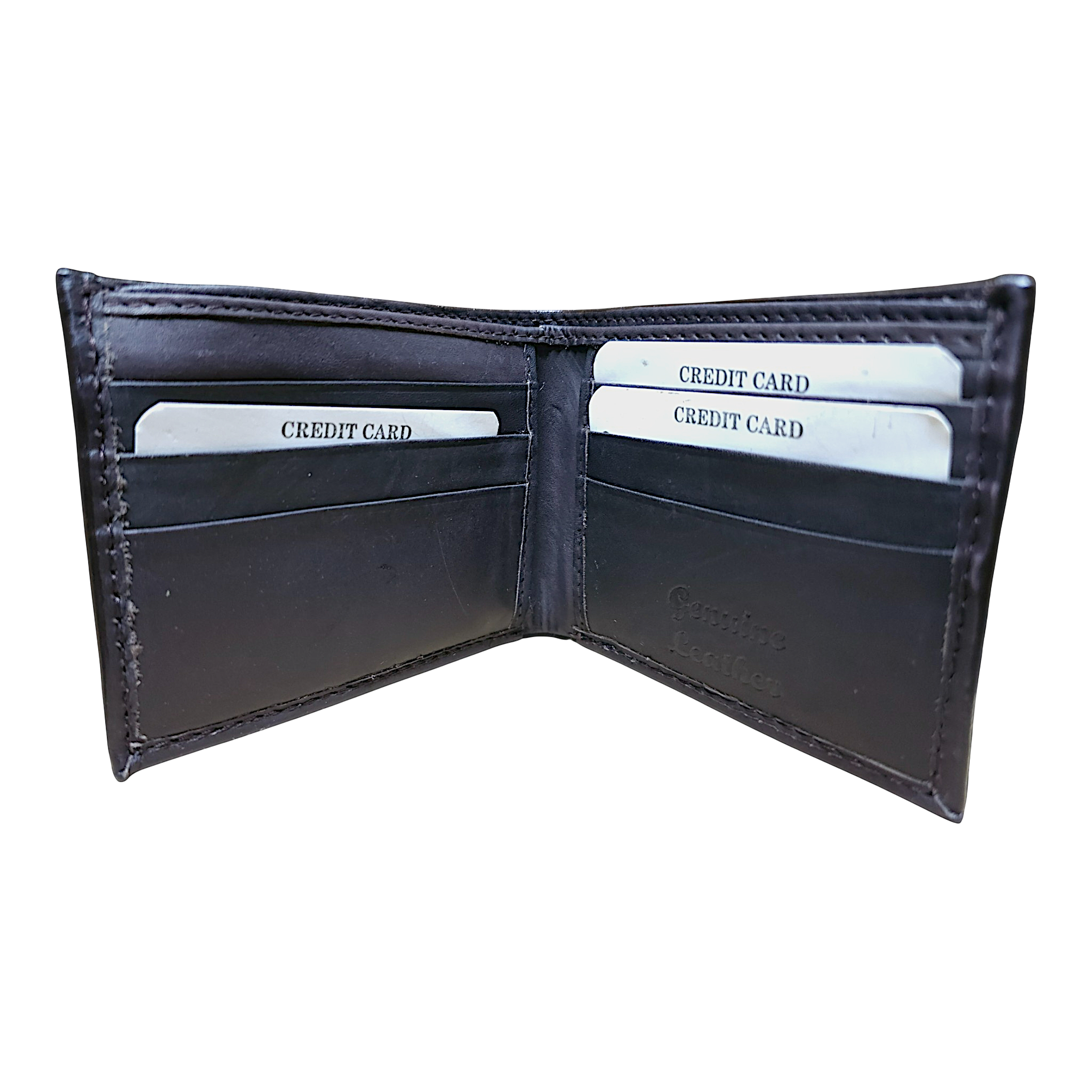 Interior de cartera de piel genuina con compartimentos para tarjetas y billetes diseño vaquero