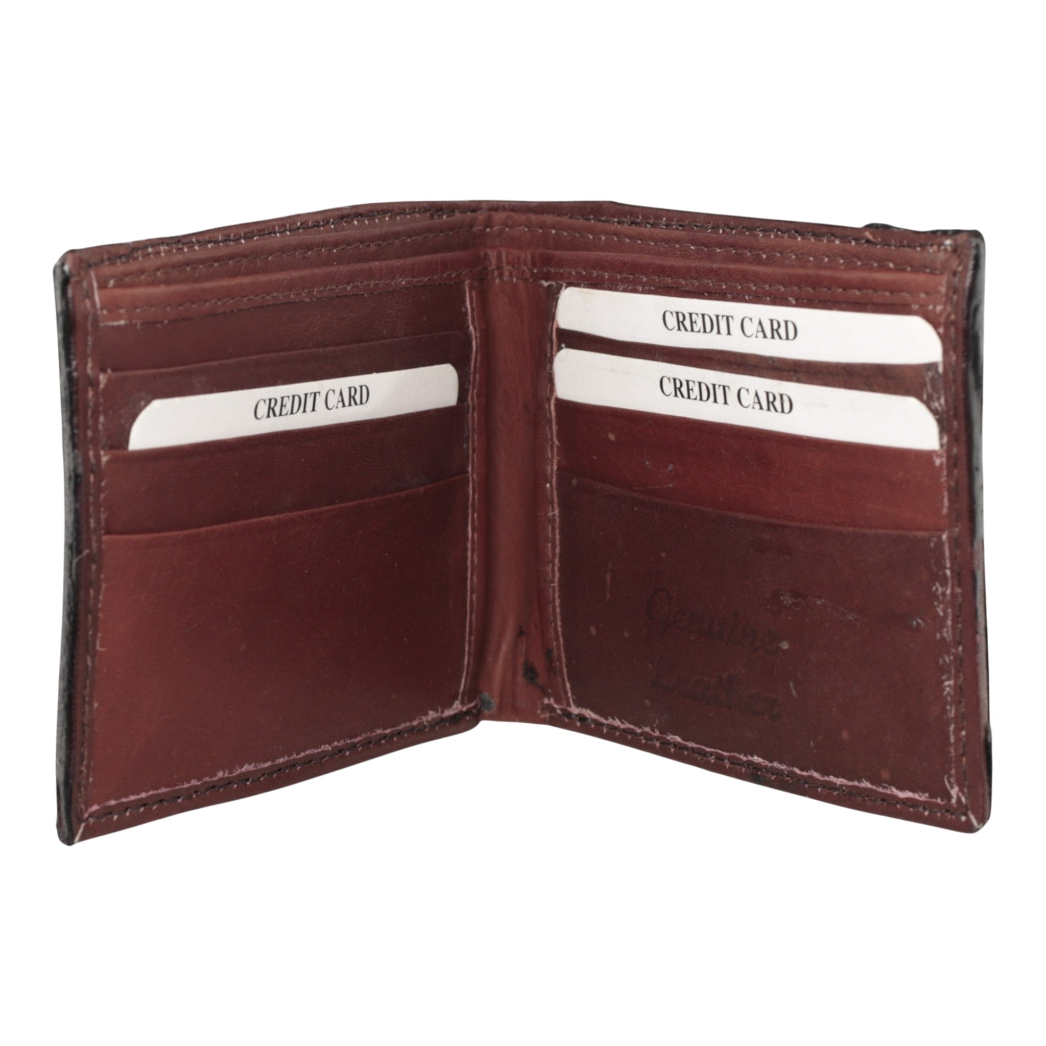 Interior de cartera vaquera piel de anguila negra con compartimentos para tarjetas y billetes