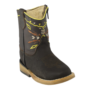 botas para bebé piel café horma chata bordado colorido vista lateral