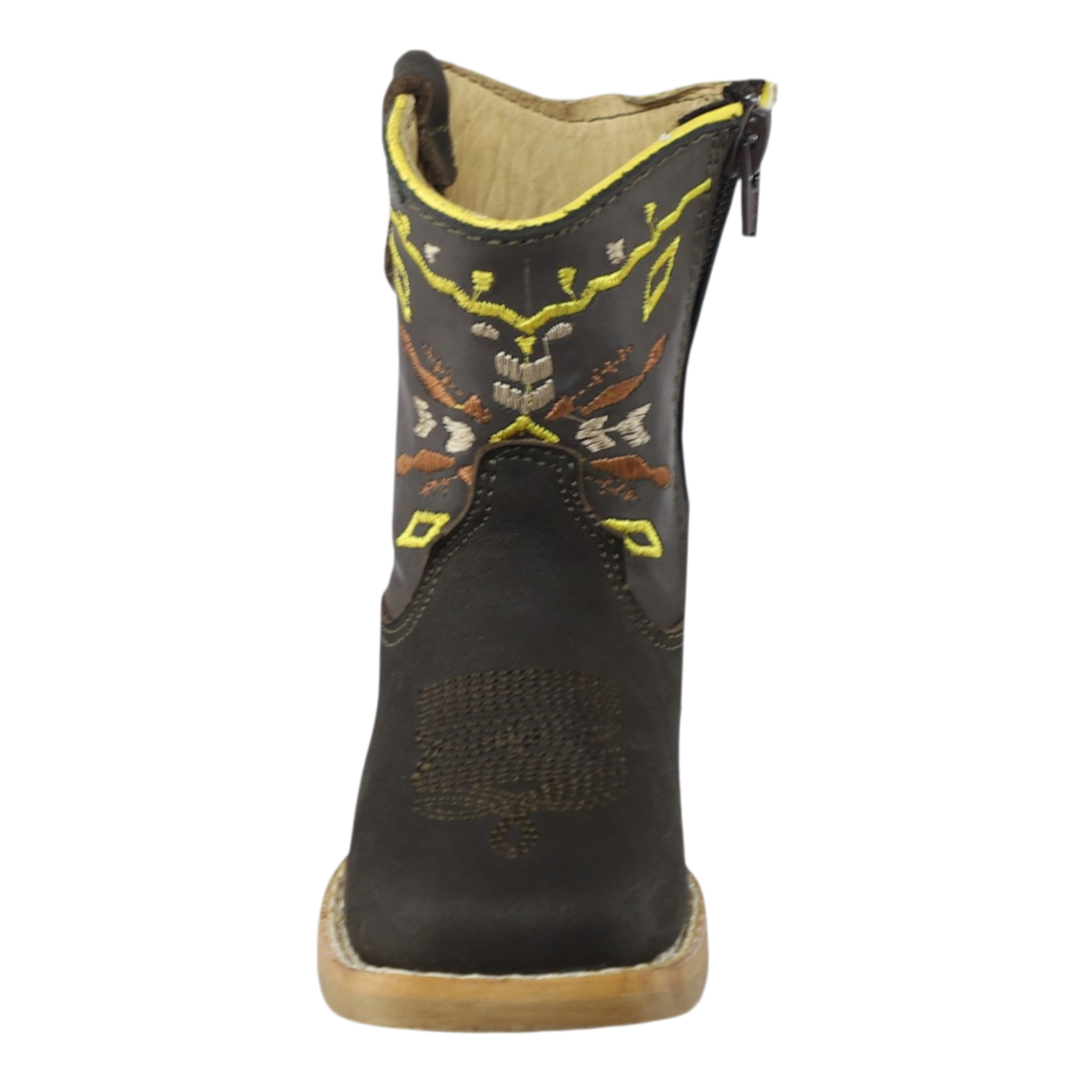 botas vaqueras bebé color café con bordado multicolor vista frontal