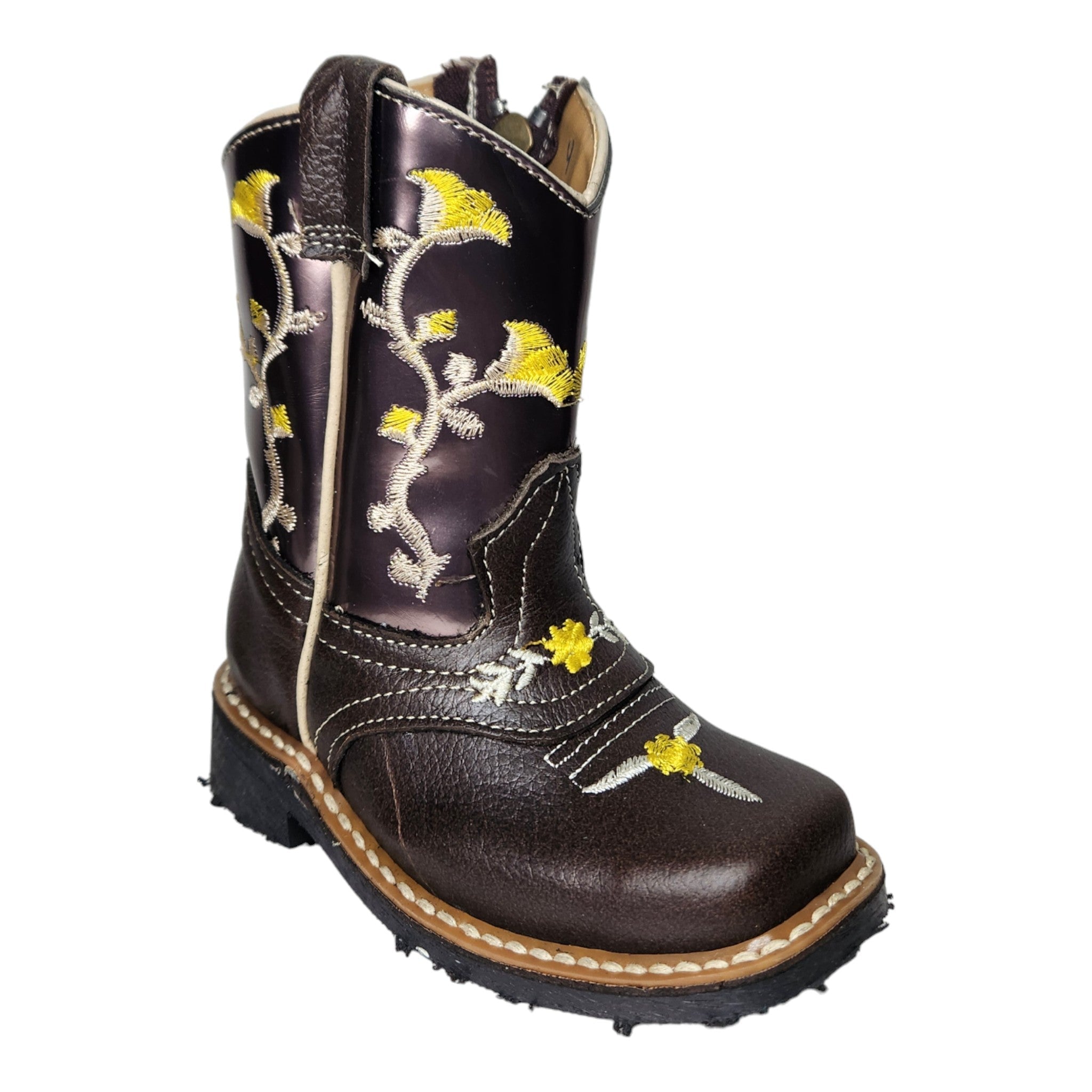 Botas Jr Rodeo Piel Flor Amarilla Tubo Brilloso